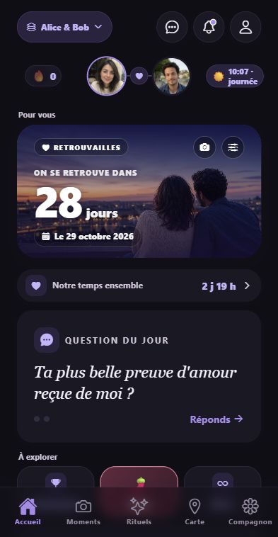 Accueil de l’application Nearly avec espace partagé, rituels et humeur